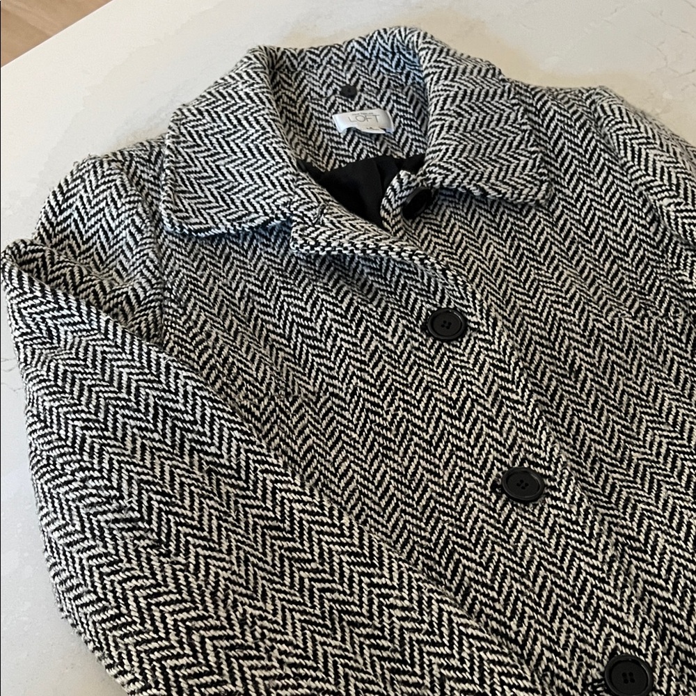Women's Black and White Herringbone Coat with Detachable Faux Fur Collar